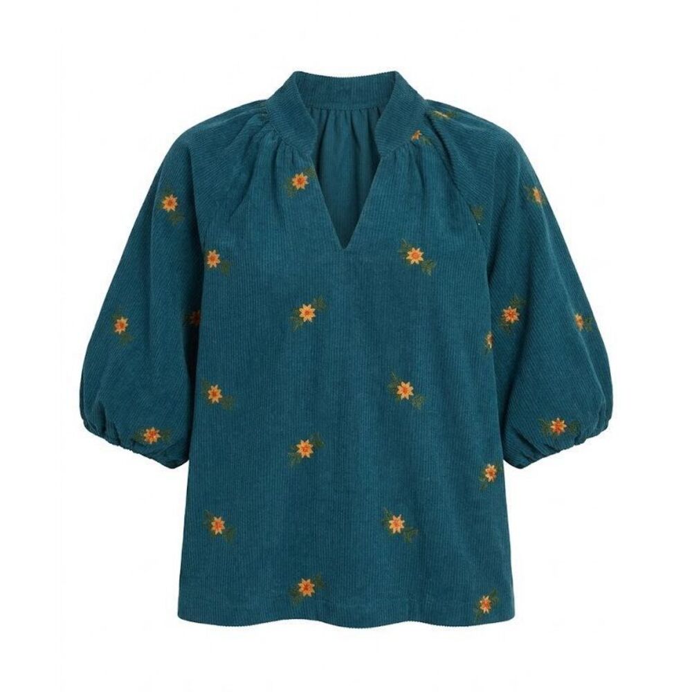 NWT Umgee Teal Corduroy Puff-Sleeve Blouse with Orange Floral Embroidery